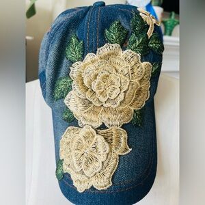 Golden Roses & green leaves Embroidered Adjustable Denim Baseball Cap NWOT